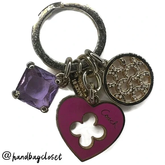Coach Purple Gemstone Heart Crystal Pave Gold Keychain Fob Vintage